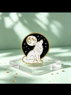 White Wolf Enamel Brooch with Gold Trim and Black Moon